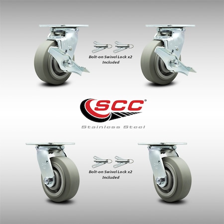 Service Caster 5 Inch SS Thermoplastic Caster Set with Roller Bearing 4 Swivel Lock 2 Brake SCC SCC-SS30S520-TPRRF-TLB-BSL-2-BSL-2
